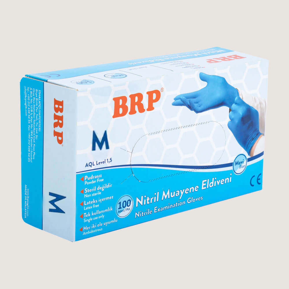 BRP Pudrasız Nitril Muayene Eldiveni M Beden Mavi 100’lü