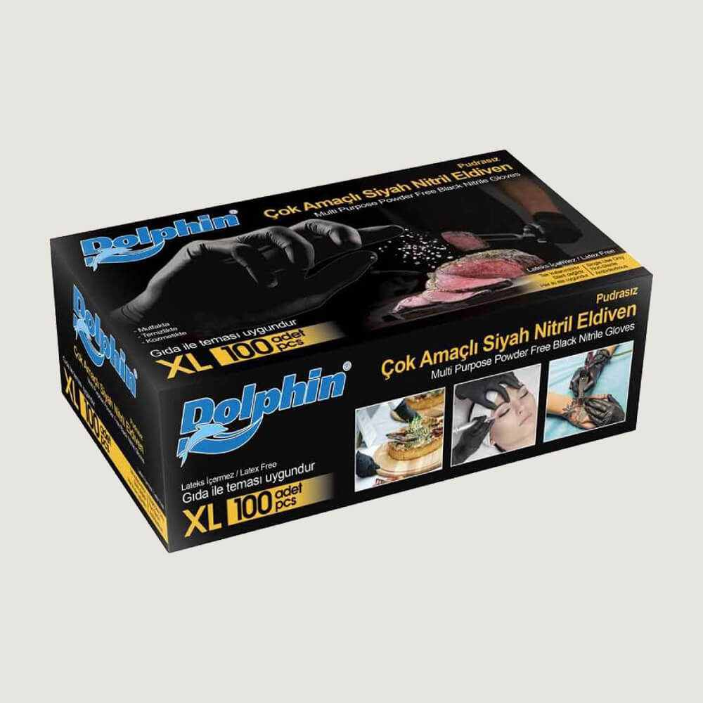 Dolphin Pudrasız Nitril Eldiven Çok Amaçlı XL Beden Siyah 100’lü