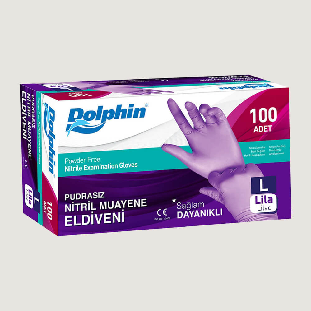 Dolphin Pudrasız Nitril Muayene Eldiveni L Beden Lila 100’lü