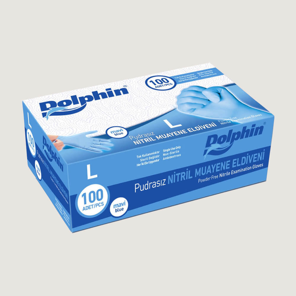 Dolphin Pudrasız Nitril Muayene Eldiveni L Beden Mavi 100’lü