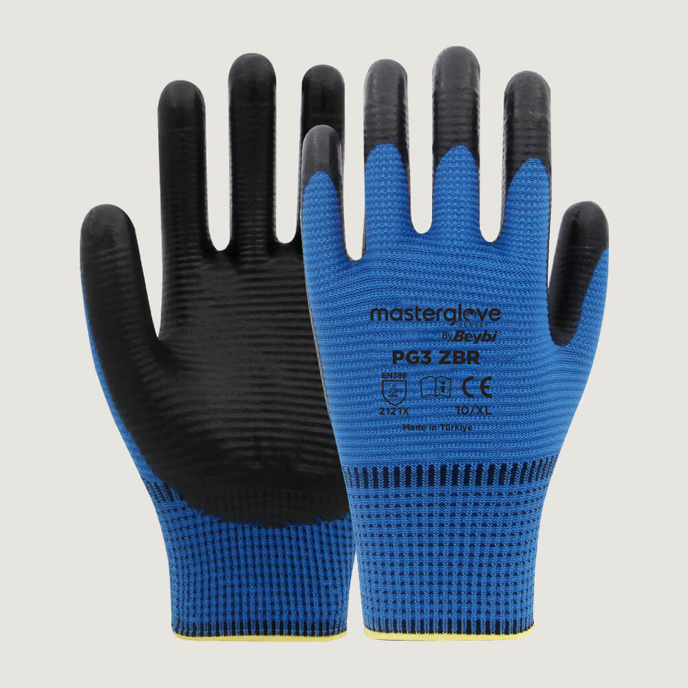 Master Glove PG3 Zebra Mavi Polyester Örme Nitril İş Eldiveni 10 Beden