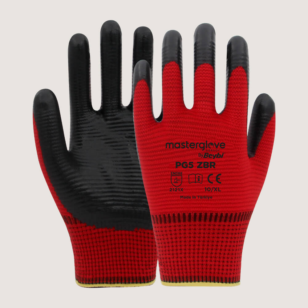 Master Glove PG5 Zebra Kırmızı Polyester Örme Nitril İş Eldiveni 10 Beden