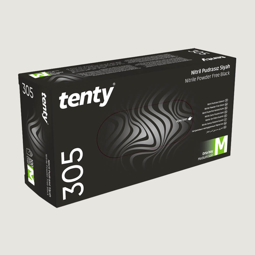 Tenty 305 Pudrasız Nitril Eldiven M Beden Siyah 100’lü