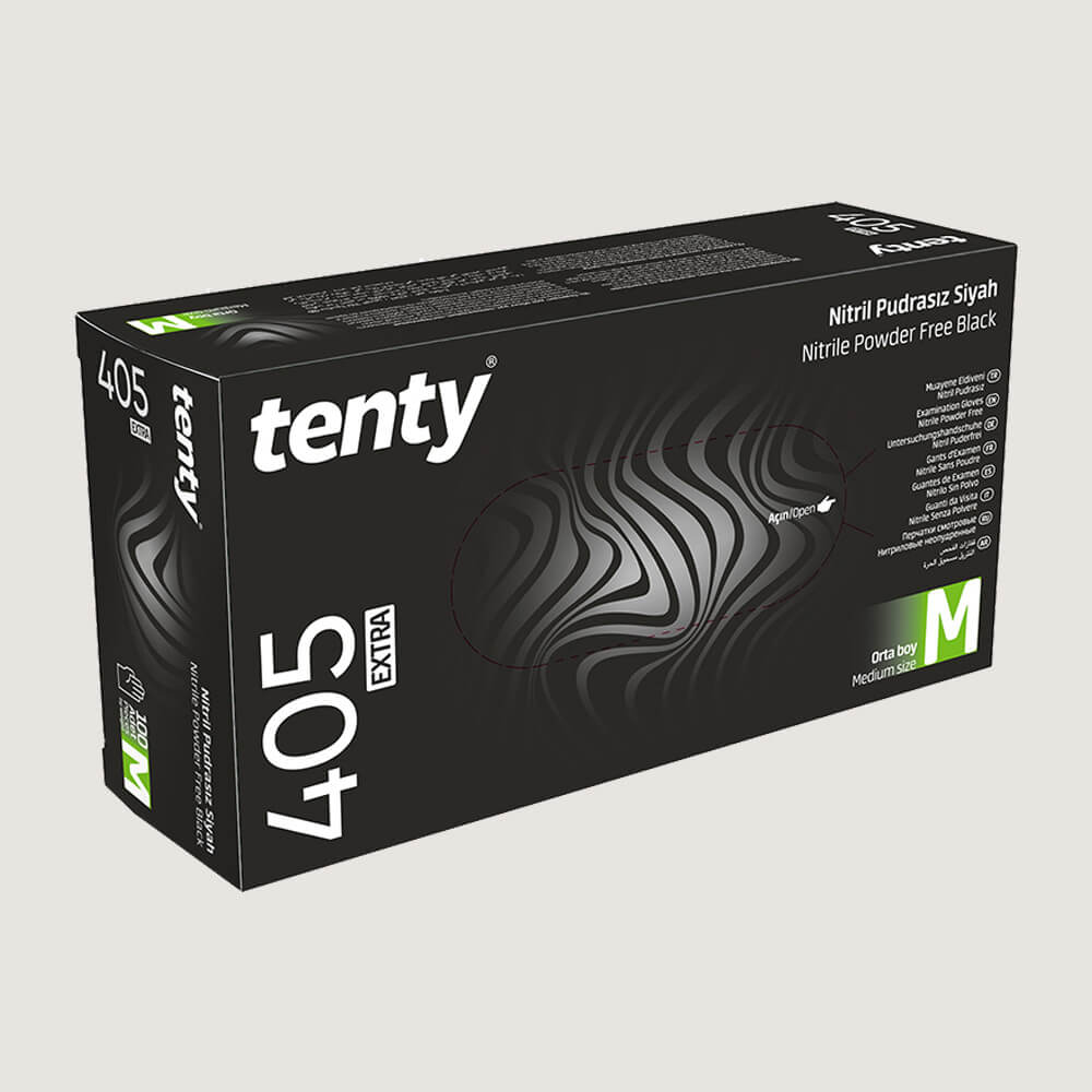 Tenty 405 Extra Pudrasız Nitril Eldiven M Beden Siyah 100’lü